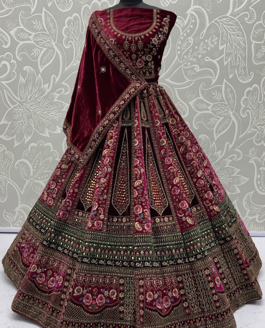 2878-redmaroon - Double velvet maroon dupatta combined With excellent flower Embroidery and Hand crafted mirror work designed Bridal Lehenga choli 