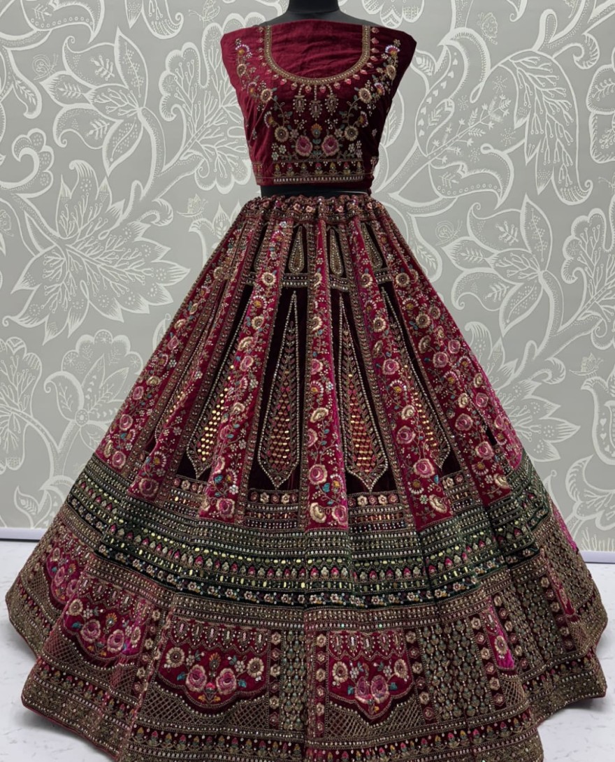 2878-redmaroon - Double velvet maroon dupatta combined With excellent flower Embroidery and Hand crafted mirror work designed Bridal Lehenga choli 