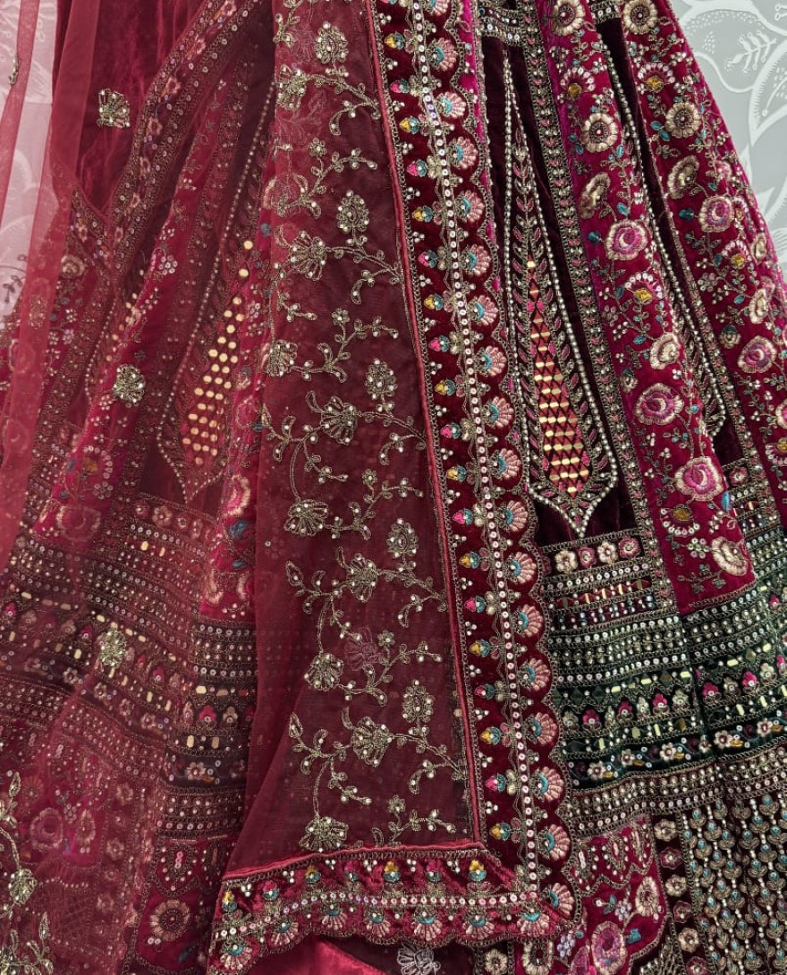 2878-redmaroon - Double velvet maroon dupatta combined With excellent flower Embroidery and Hand crafted mirror work designed Bridal Lehenga choli 