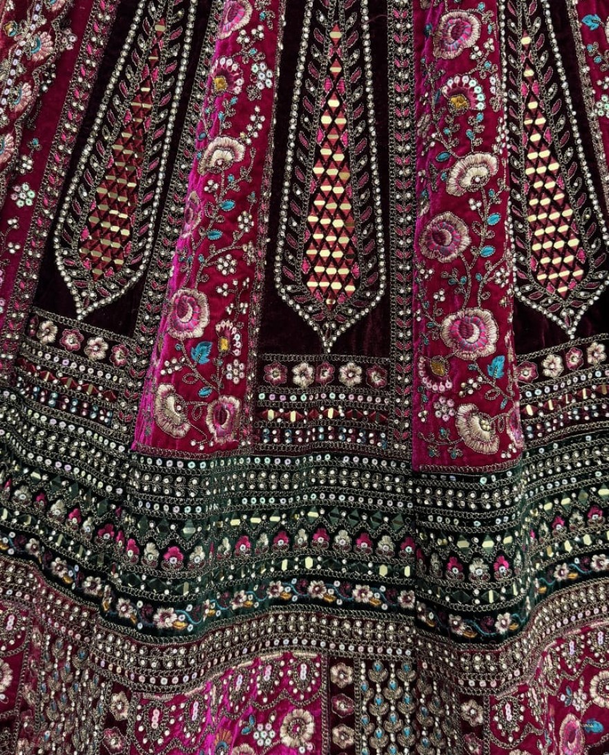 2878-redmaroon - Double velvet maroon dupatta combined With excellent flower Embroidery and Hand crafted mirror work designed Bridal Lehenga choli 