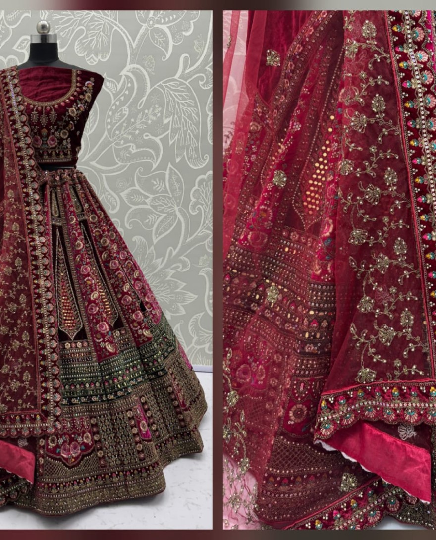 2878-redmaroon - Double velvet maroon dupatta combined With excellent flower Embroidery and Hand crafted mirror work designed Bridal Lehenga choli 