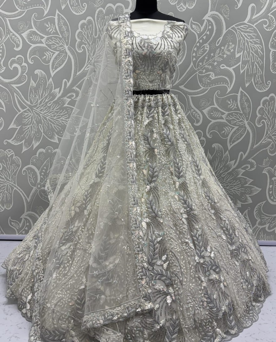 2879white - Beautiful Off White Dupatta on  Matching Designer Embroidered Reception wear Lehenga choli 