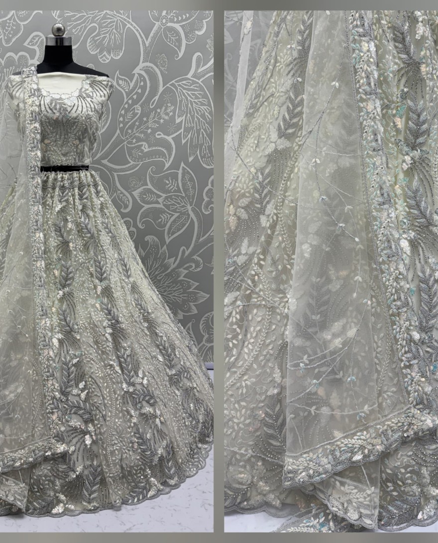 2879white - Beautiful Off White Dupatta on  Matching Designer Embroidered Reception wear Lehenga choli 