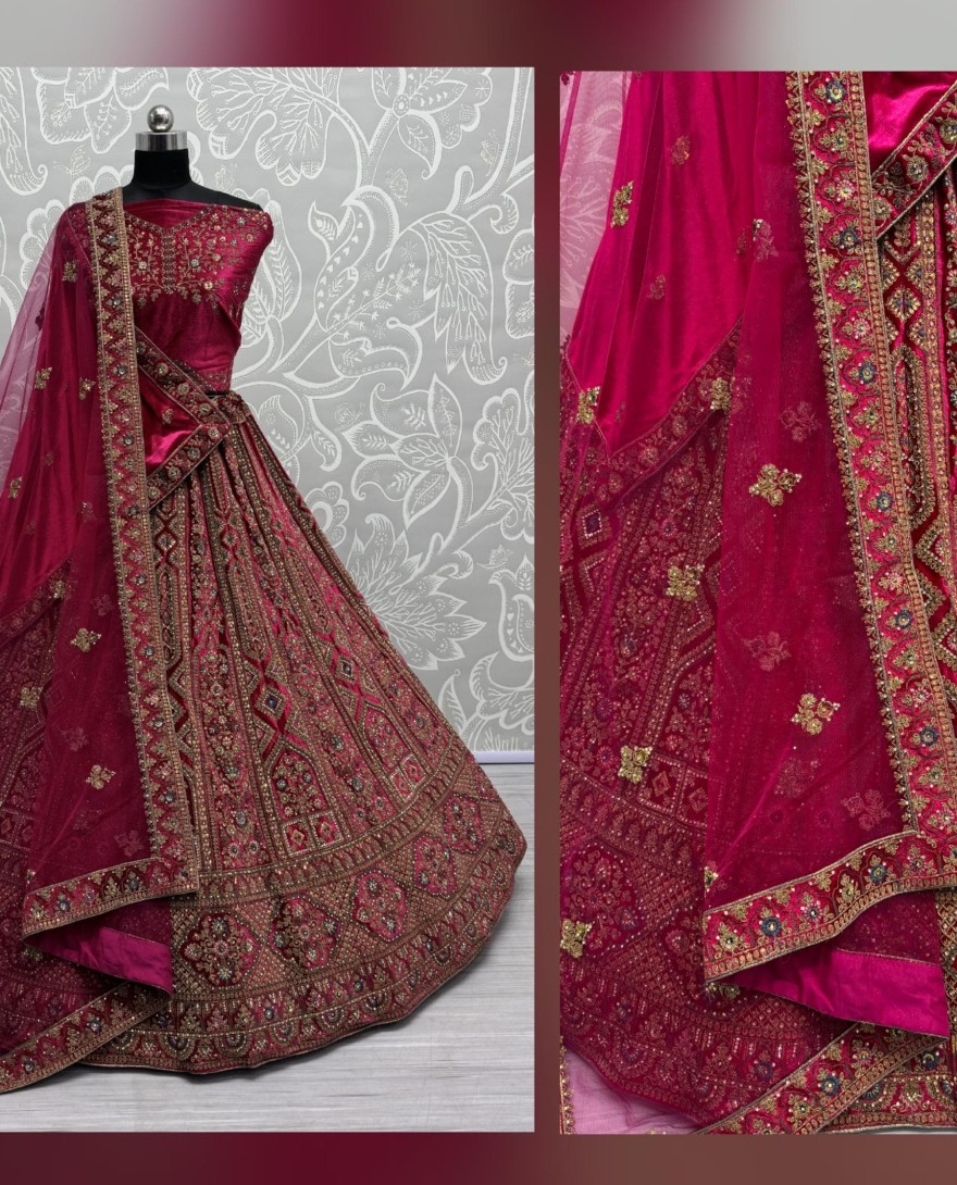 2855-pink/red - Perfect Dori Dark Pink Embroidery Designer Velvet Lehenga choli