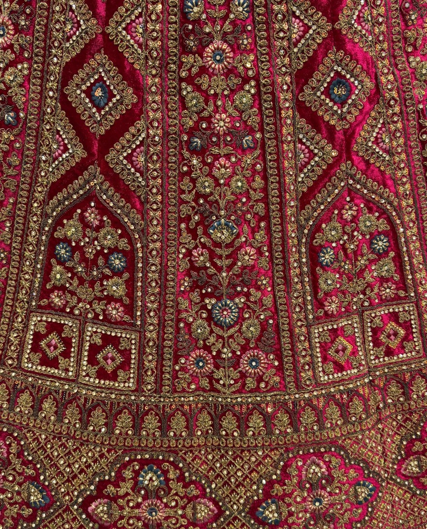 2855-pink/red - Perfect Dori Dark Pink Embroidery Designer Velvet Lehenga choli