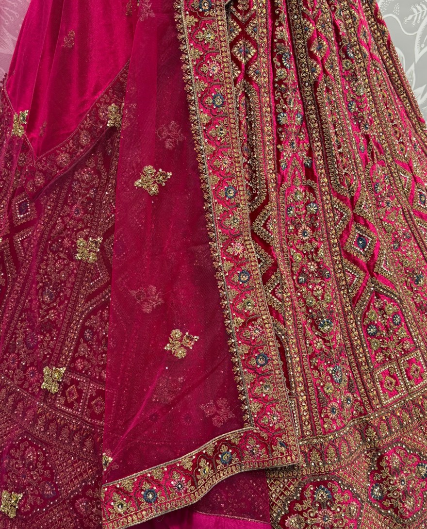 2855-pink/red - Perfect Dori Dark Pink Embroidery Designer Velvet Lehenga choli