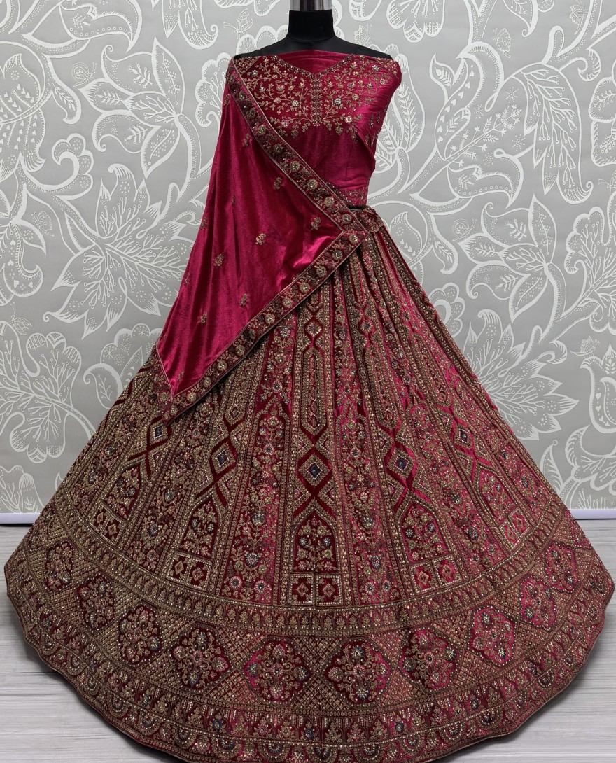 2855-pink/red - Perfect Dori Dark Pink Embroidery Designer Velvet Lehenga choli