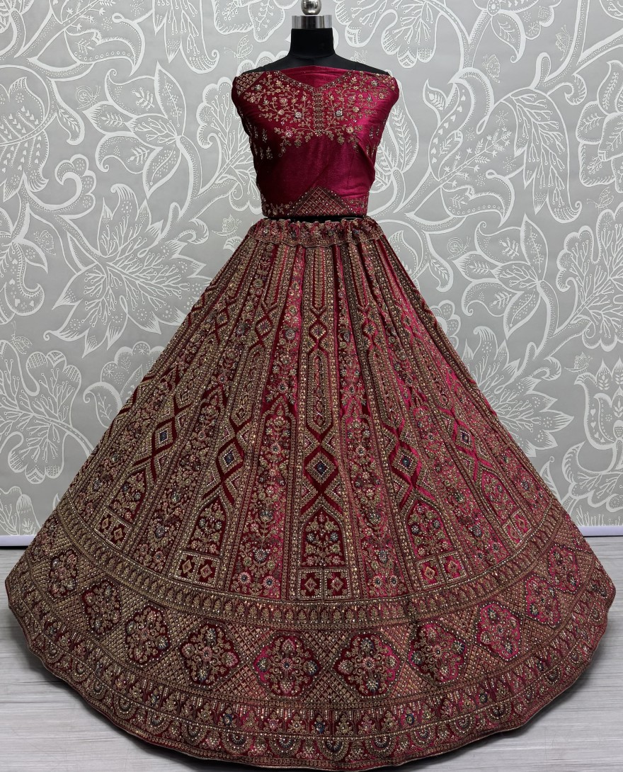 2855-pink/red - Perfect Dori Dark Pink Embroidery Designer Velvet Lehenga choli