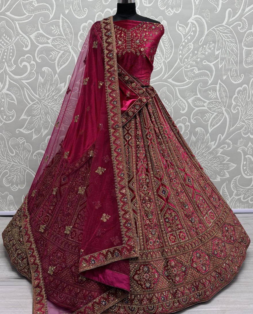 2855-pink/red - Perfect Dori Dark Pink Embroidery Designer Velvet Lehenga choli