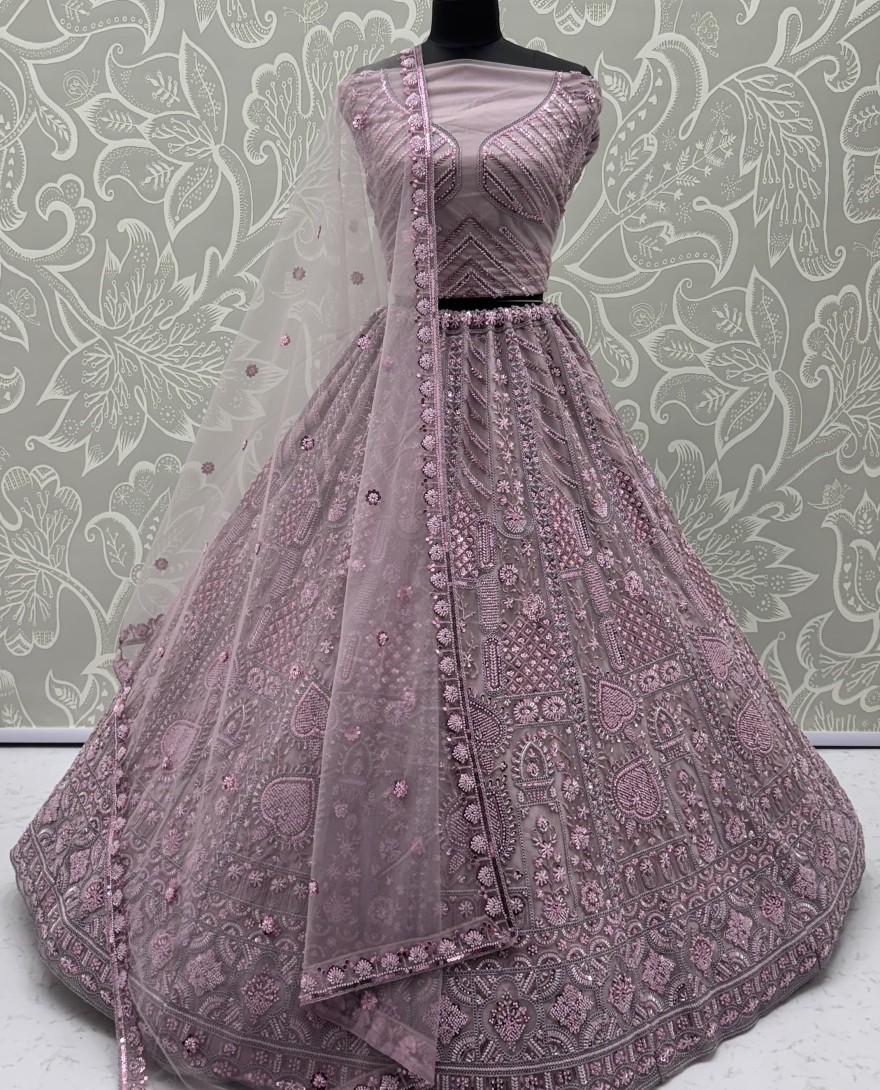 2877-pink - Sober Handwork Pink Motif and Crystal Pipe work Designed Reception Wear Collection in Lehenga Choli