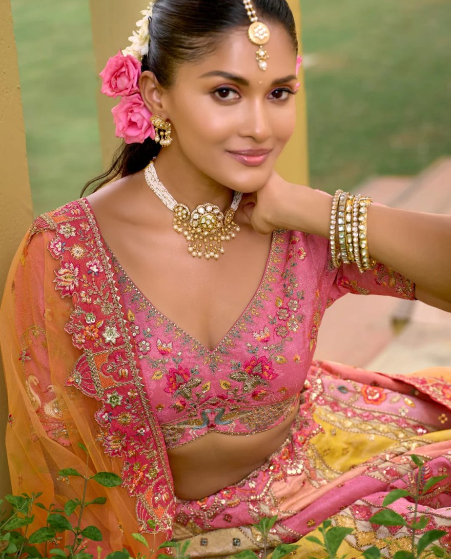 PINK - Peach Pink Ombre Silk Lehenga With Cut Work Border And Embroidery