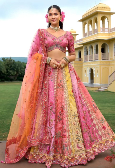 Peach Pink Ombre Silk Lehenga With Cut Work Border And Embroidery