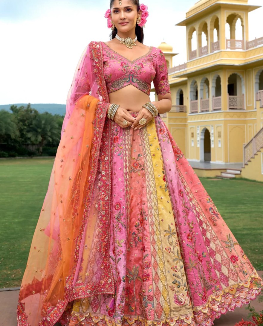 PINK - Peach Pink Ombre Silk Lehenga With Cut Work Border And Embroidery