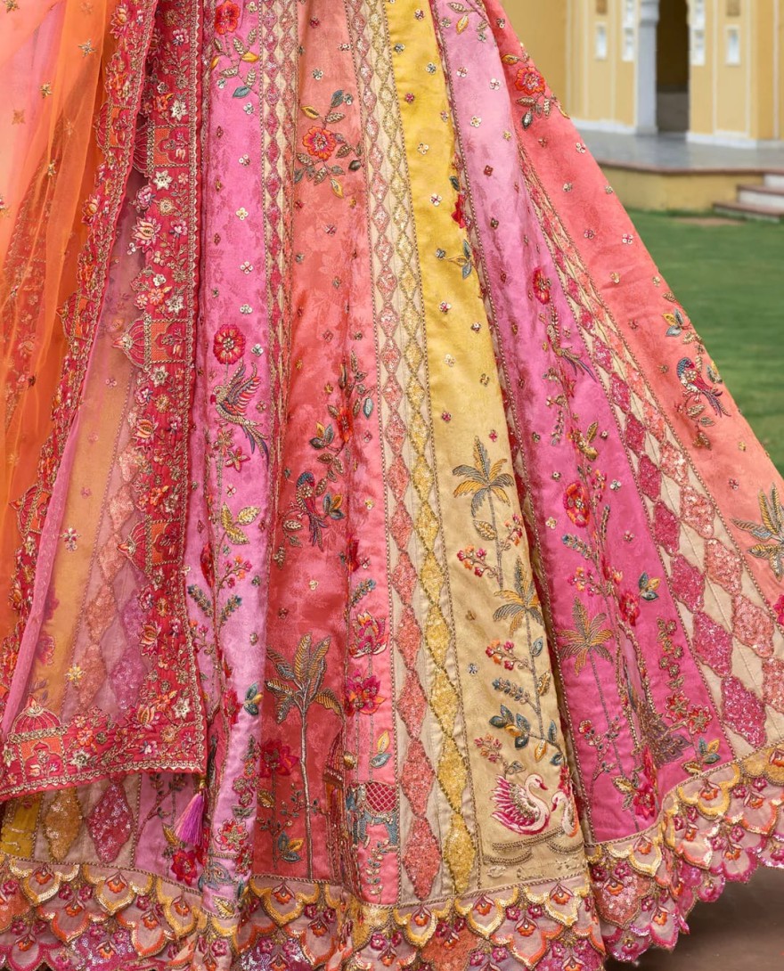 PINK - Peach Pink Ombre Silk Lehenga With Cut Work Border And Embroidery