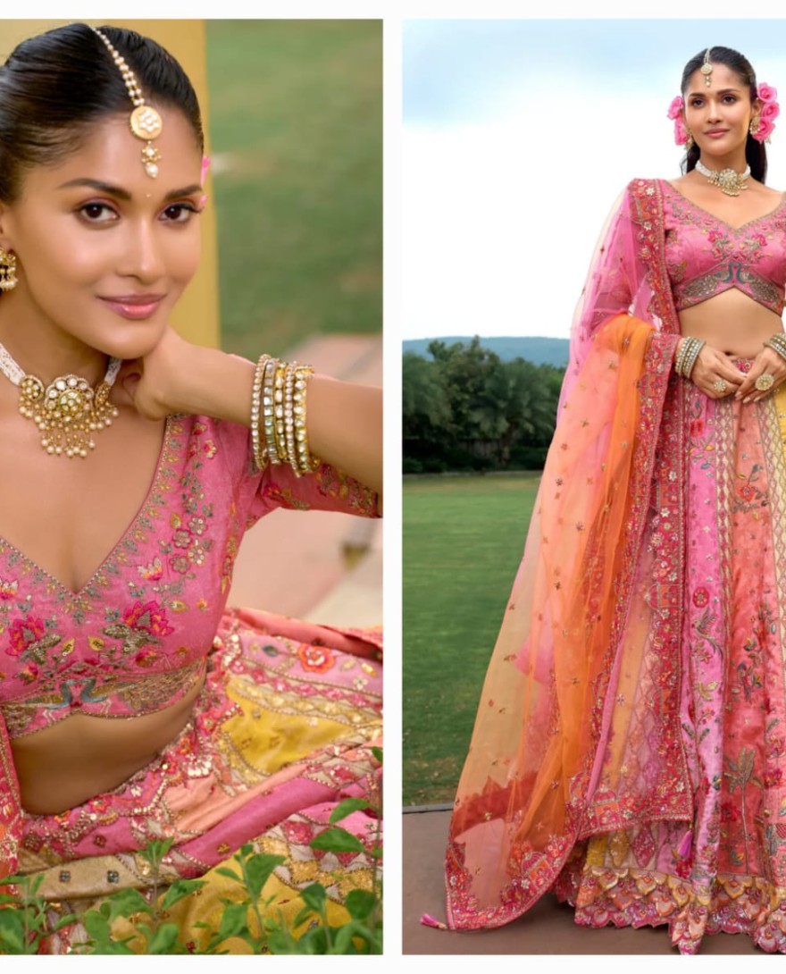 PINK - Peach Pink Ombre Silk Lehenga With Cut Work Border And Embroidery