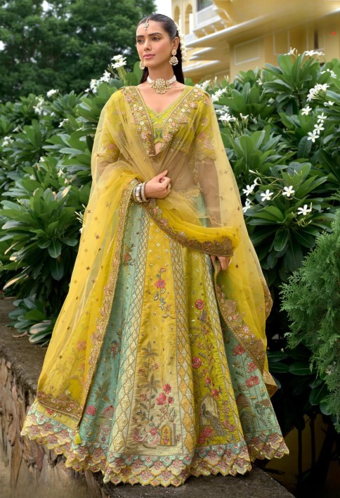 Olive Yellow Floral Silk Lehenga With Cut Work Border And Embroidery