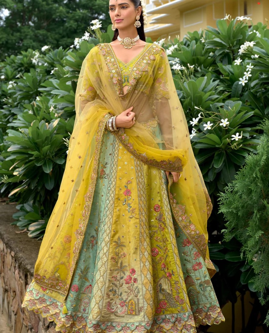 OLIVEYELLOW - Olive Yellow Floral Silk Lehenga With Cut Work Border And Embroidery