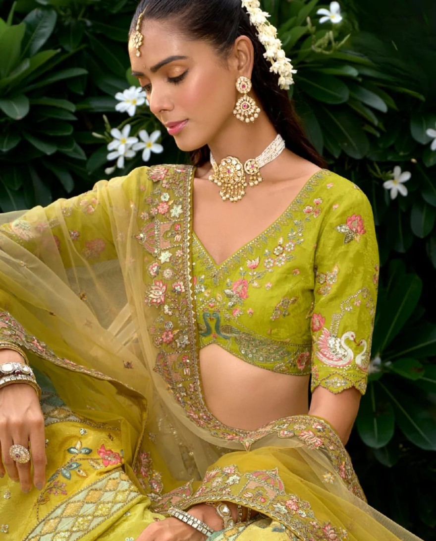 OLIVEYELLOW - Olive Yellow Floral Silk Lehenga With Cut Work Border And Embroidery