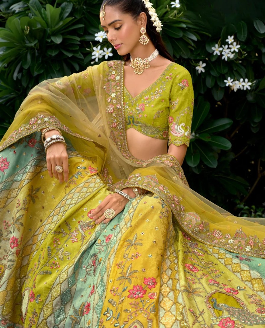 OLIVEYELLOW - Olive Yellow Floral Silk Lehenga With Cut Work Border And Embroidery