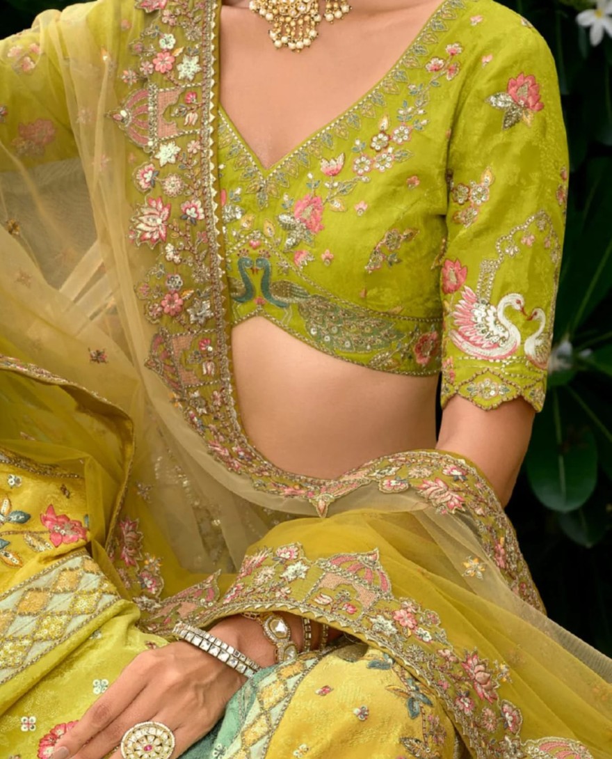 OLIVEYELLOW - Olive Yellow Floral Silk Lehenga With Cut Work Border And Embroidery