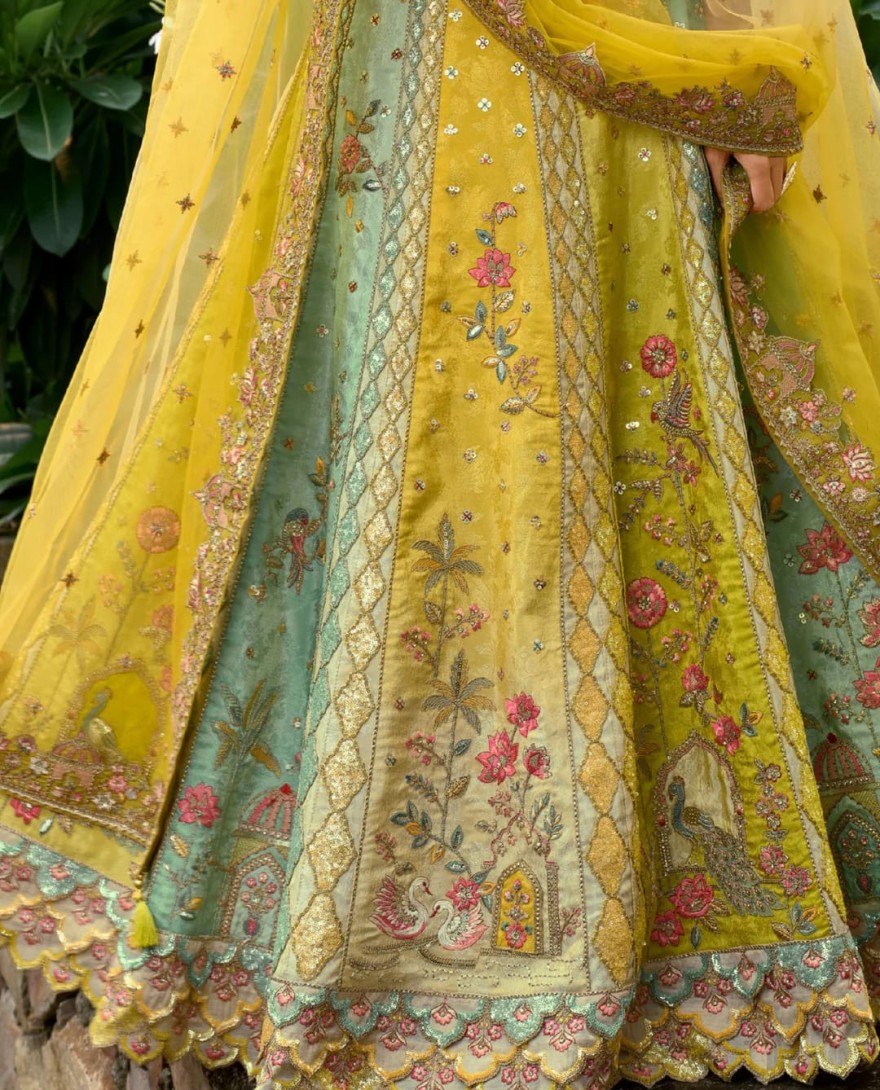 OLIVEYELLOW - Olive Yellow Floral Silk Lehenga With Cut Work Border And Embroidery