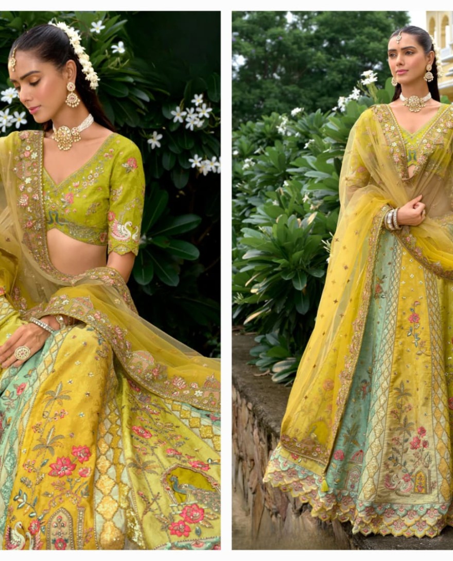 OLIVEYELLOW - Olive Yellow Floral Silk Lehenga With Cut Work Border And Embroidery