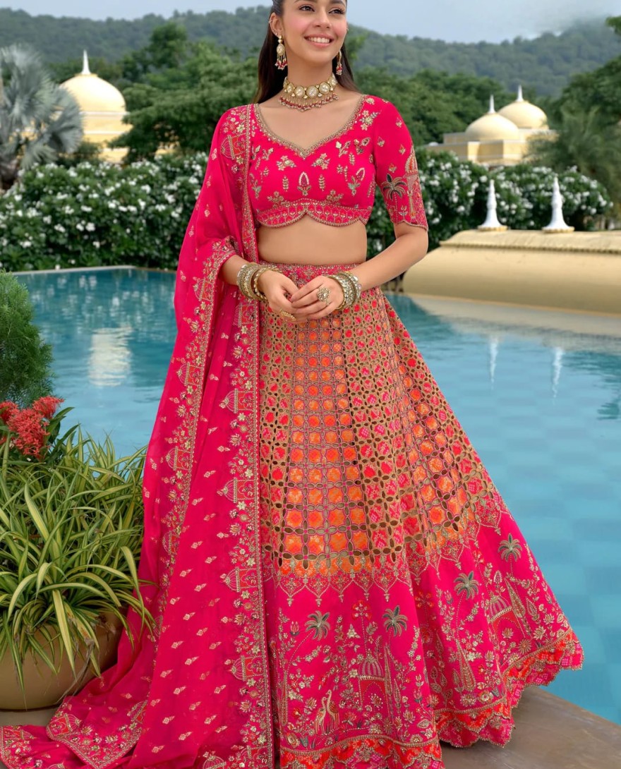 HOTPINK - Hot Pink And Orange Silk Lehenga With Cut Work Border And Embroidery