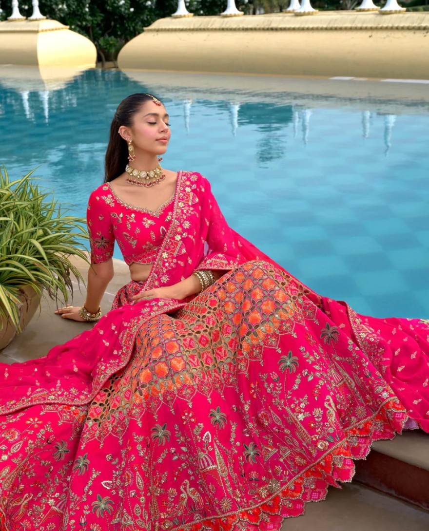 HOTPINK - Hot Pink And Orange Silk Lehenga With Cut Work Border And Embroidery