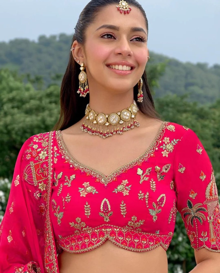 HOTPINK - Hot Pink And Orange Silk Lehenga With Cut Work Border And Embroidery