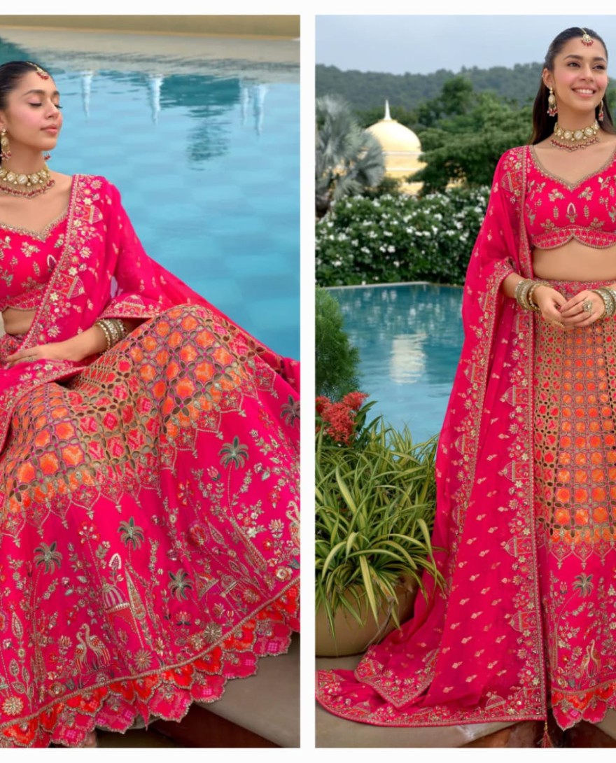 HOTPINK - Hot Pink And Orange Silk Lehenga With Cut Work Border And Embroidery