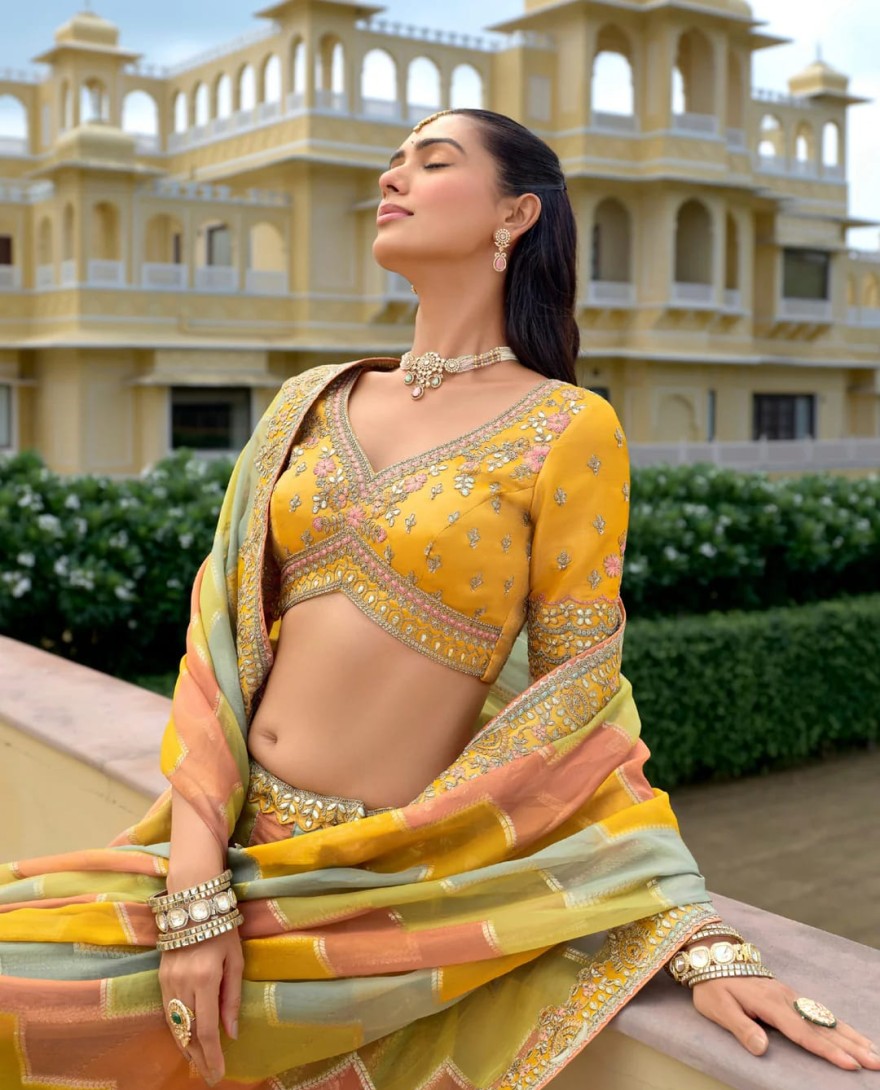 SAGEGREEN - Sage Green And Mustard Silk Lehenga With Cut Work Border And Embroidery
