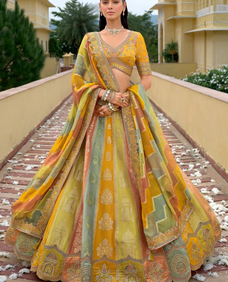 SAGEGREEN - Sage Green And Mustard Silk Lehenga With Cut Work Border And Embroidery