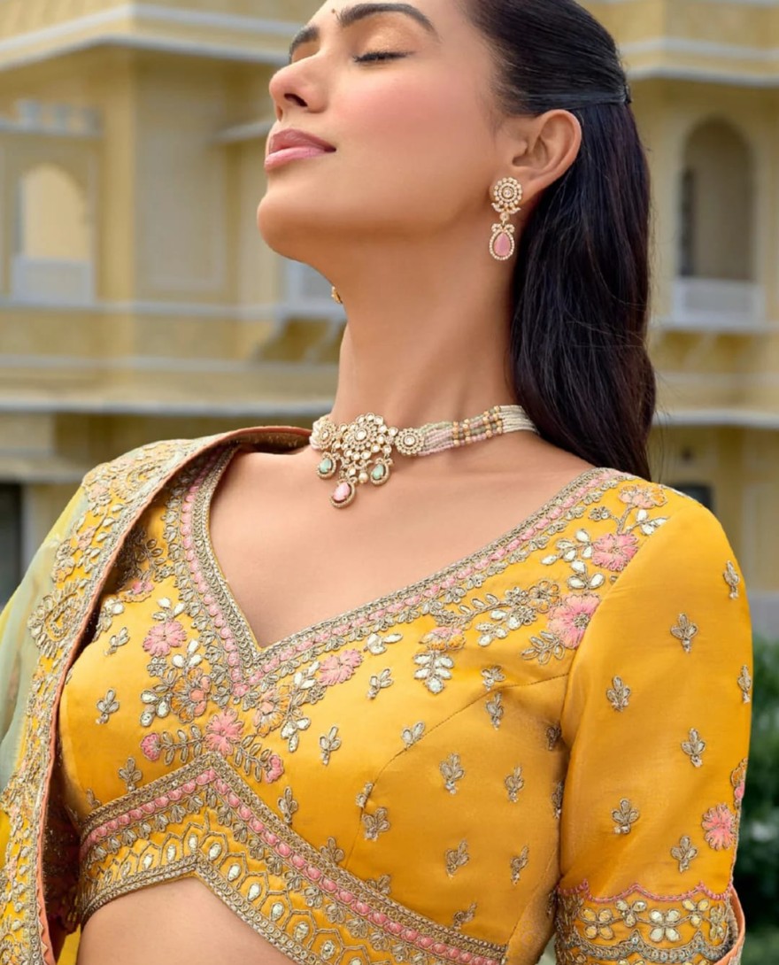 SAGEGREEN - Sage Green And Mustard Silk Lehenga With Cut Work Border And Embroidery