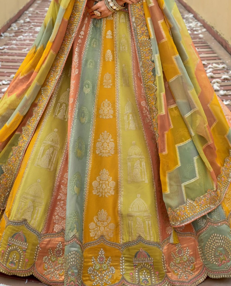 SAGEGREEN - Sage Green And Mustard Silk Lehenga With Cut Work Border And Embroidery
