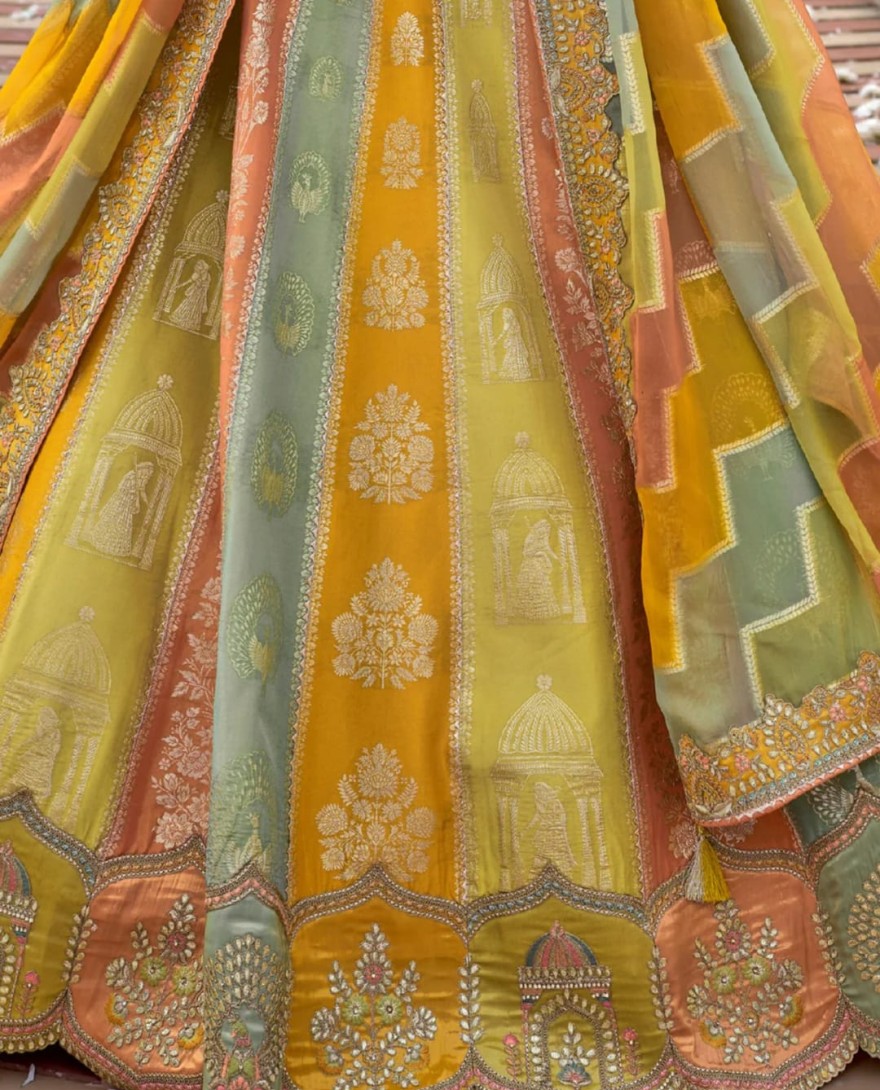 SAGEGREEN - Sage Green And Mustard Silk Lehenga With Cut Work Border And Embroidery