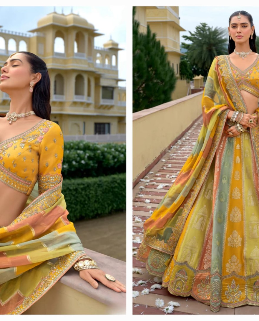 SAGEGREEN - Sage Green And Mustard Silk Lehenga With Cut Work Border And Embroidery