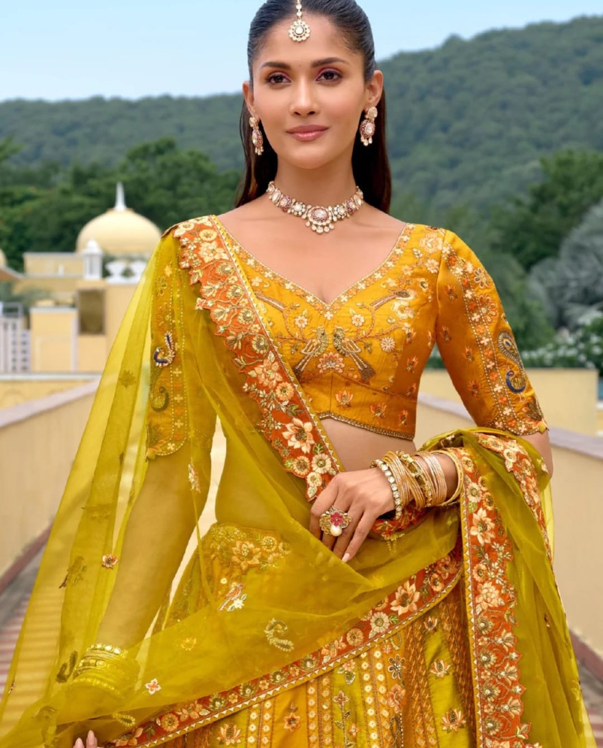 YELLOW - Marigold Yellow Silk Lehenga With Cut Work Border And Embroidery