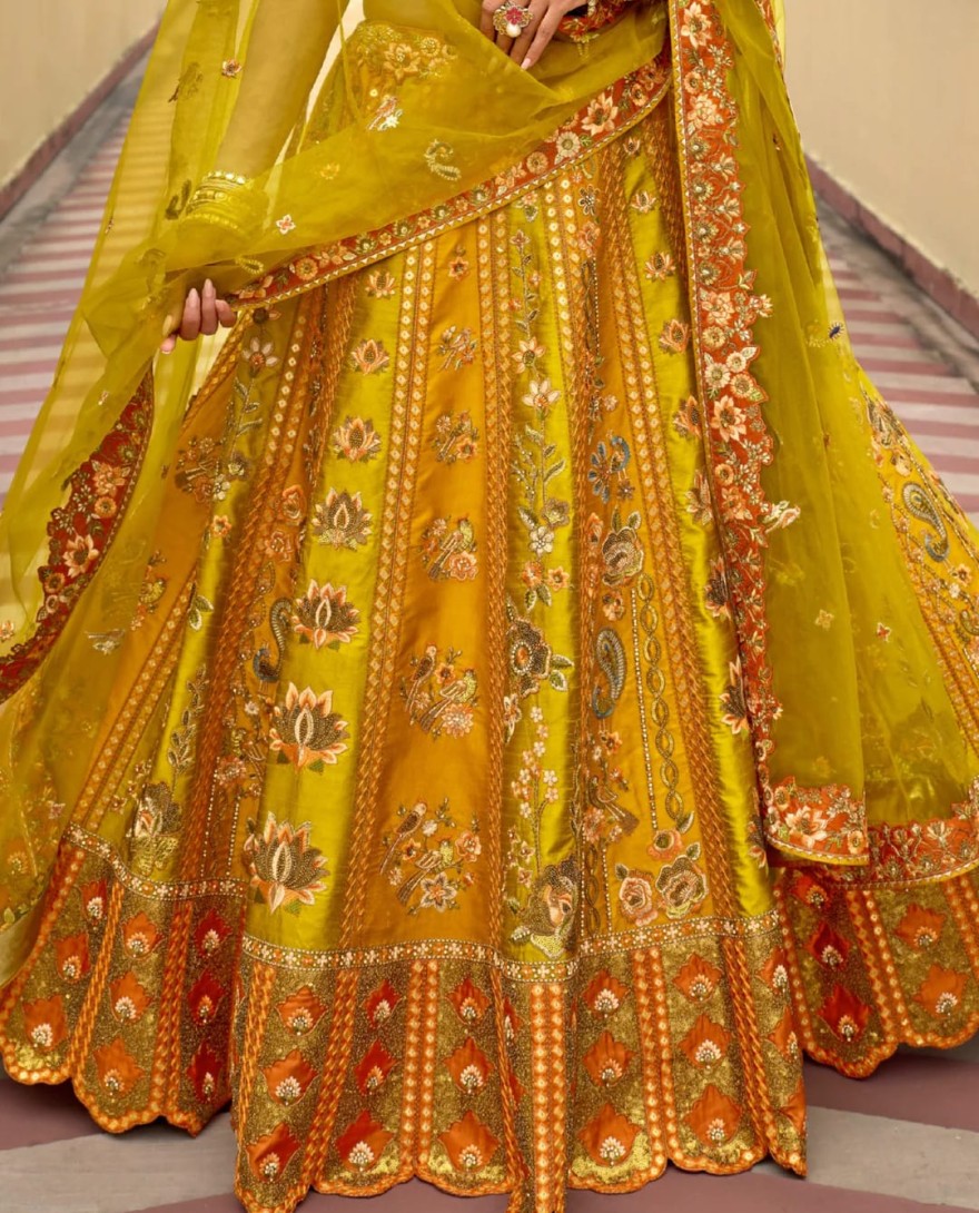 YELLOW - Marigold Yellow Silk Lehenga With Cut Work Border And Embroidery