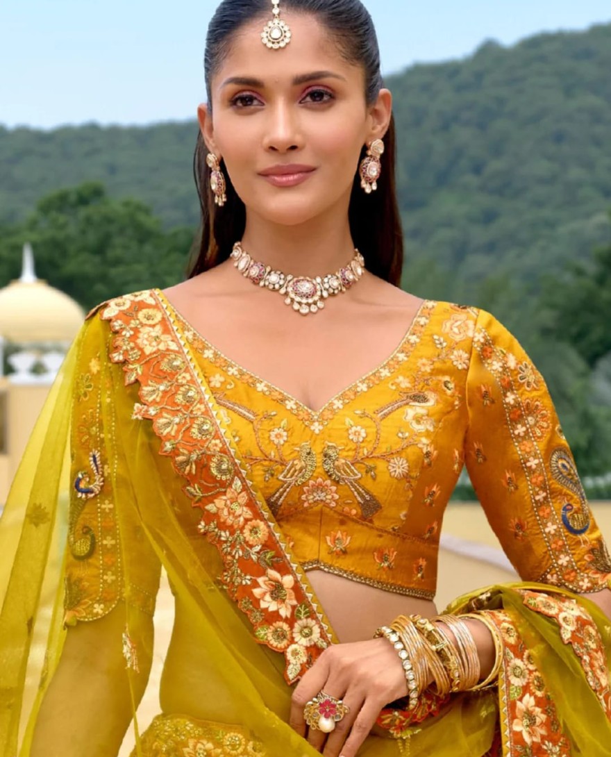 YELLOW - Marigold Yellow Silk Lehenga With Cut Work Border And Embroidery