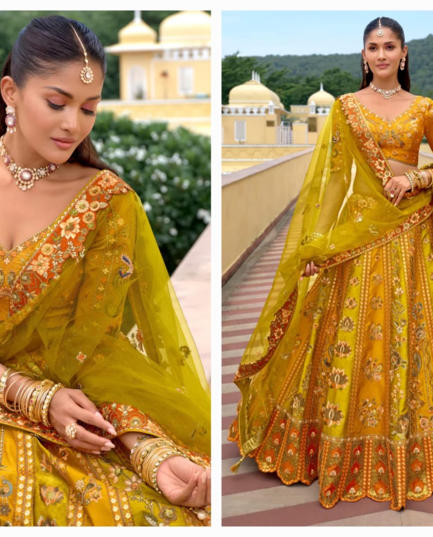 YELLOW - Marigold Yellow Silk Lehenga With Cut Work Border And Embroidery