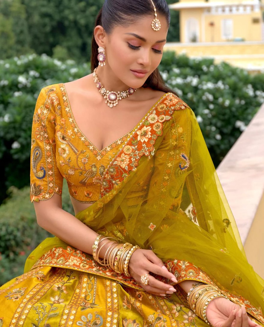 YELLOW - Marigold Yellow Silk Lehenga With Cut Work Border And Embroidery