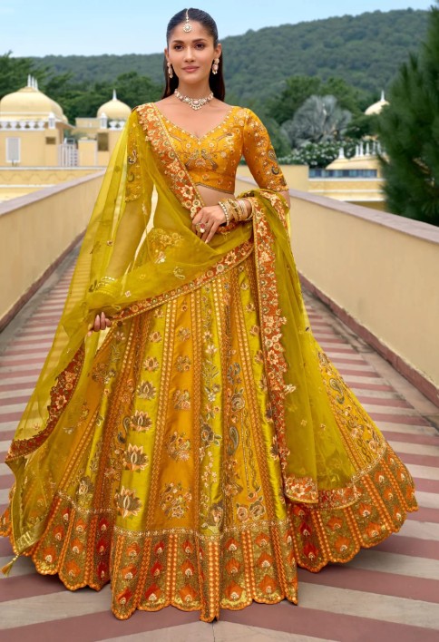 Marigold Yellow Silk Lehenga With Cut Work Border And Embroidery