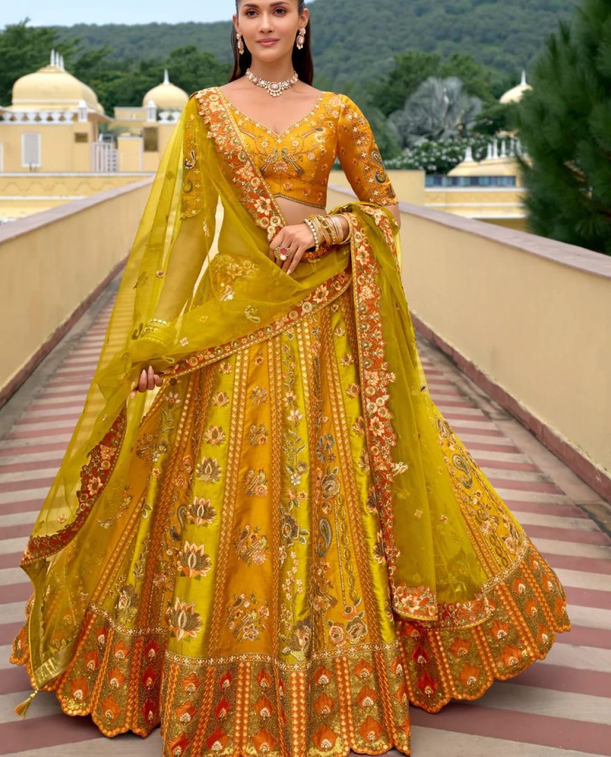 YELLOW - Marigold Yellow Silk Lehenga With Cut Work Border And Embroidery