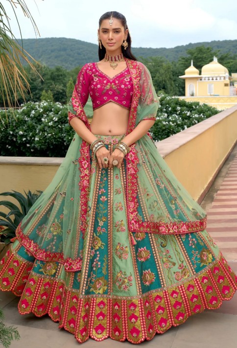 Teal Green And Pink Silk Lehenga With Cut Work Border And Embroidery