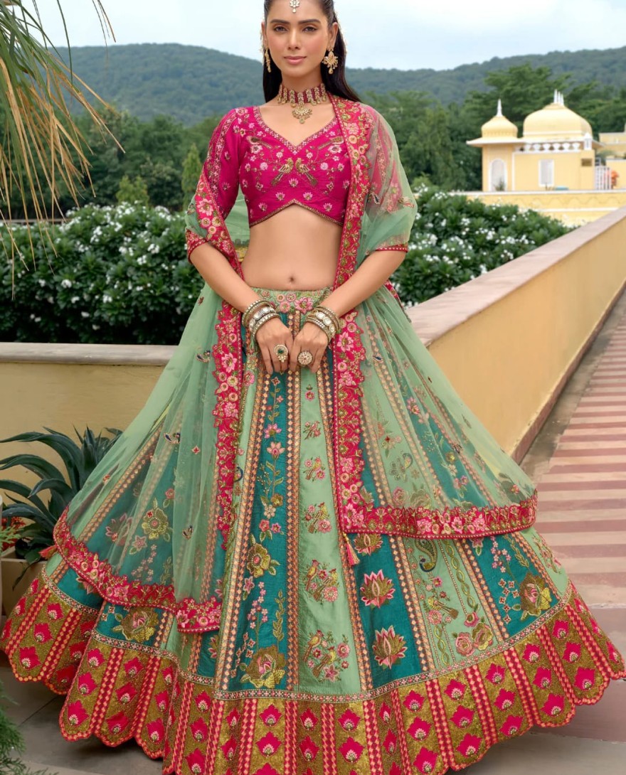 PINK - Teal Green And Pink Silk Lehenga With Cut Work Border And Embroidery