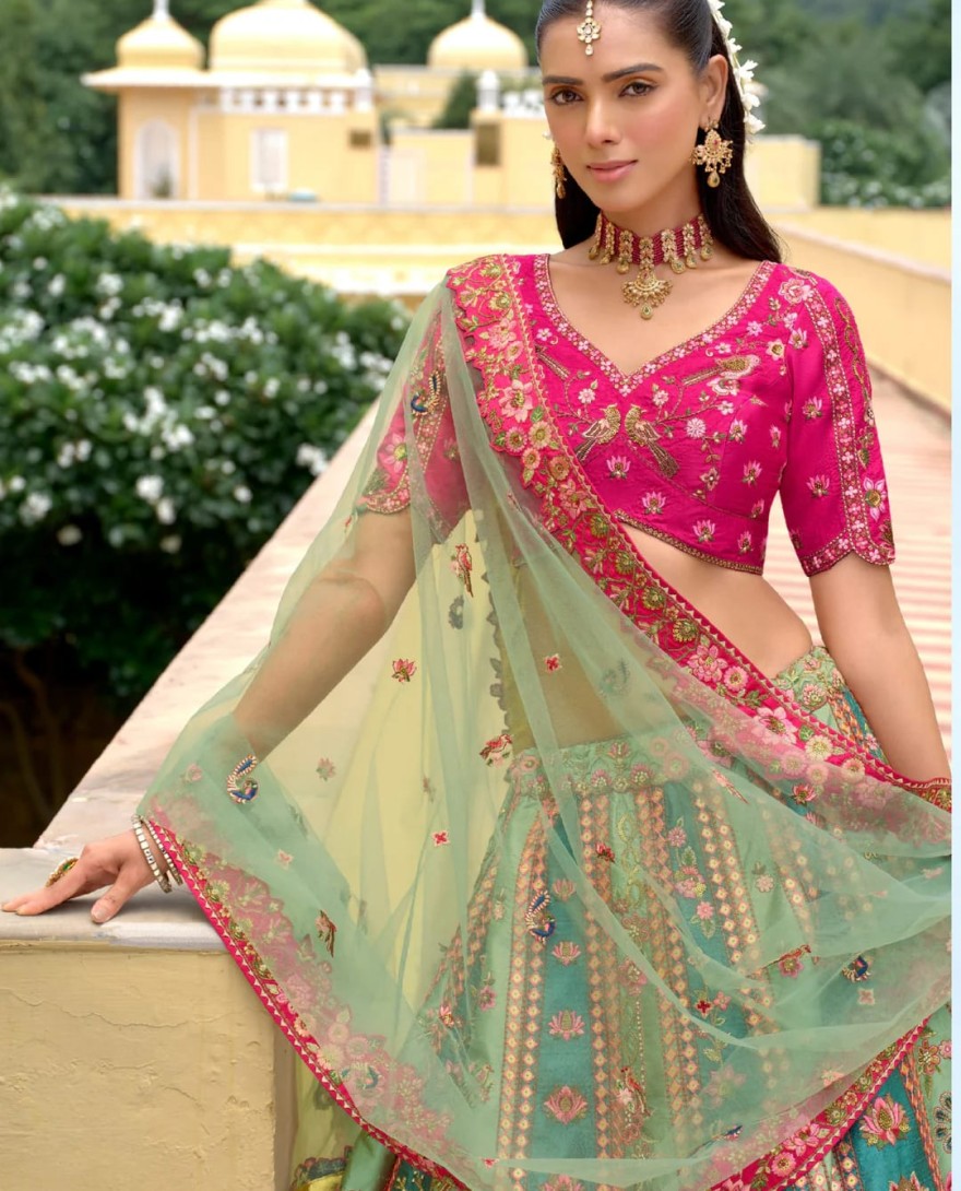 PINK - Teal Green And Pink Silk Lehenga With Cut Work Border And Embroidery