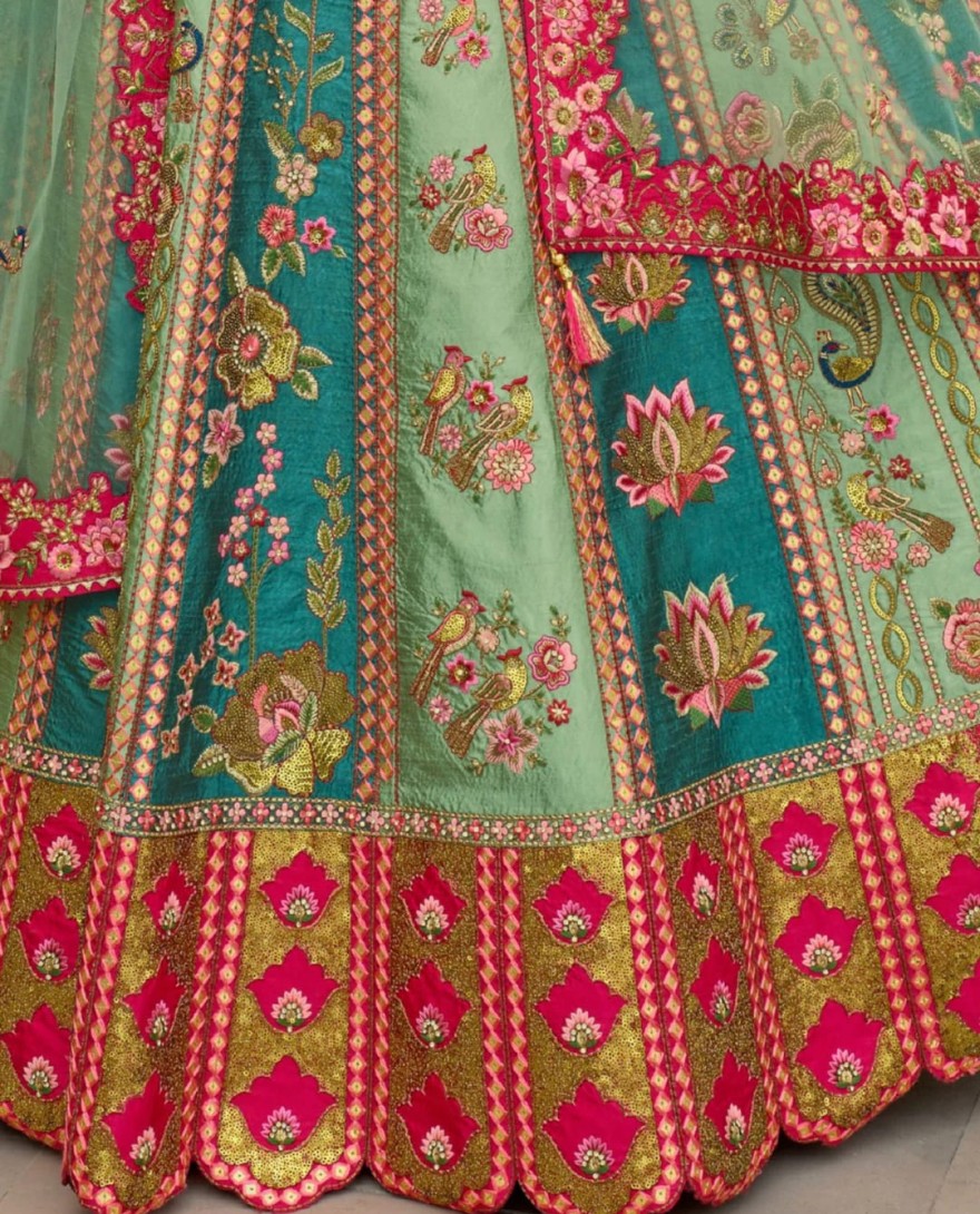 PINK - Teal Green And Pink Silk Lehenga With Cut Work Border And Embroidery