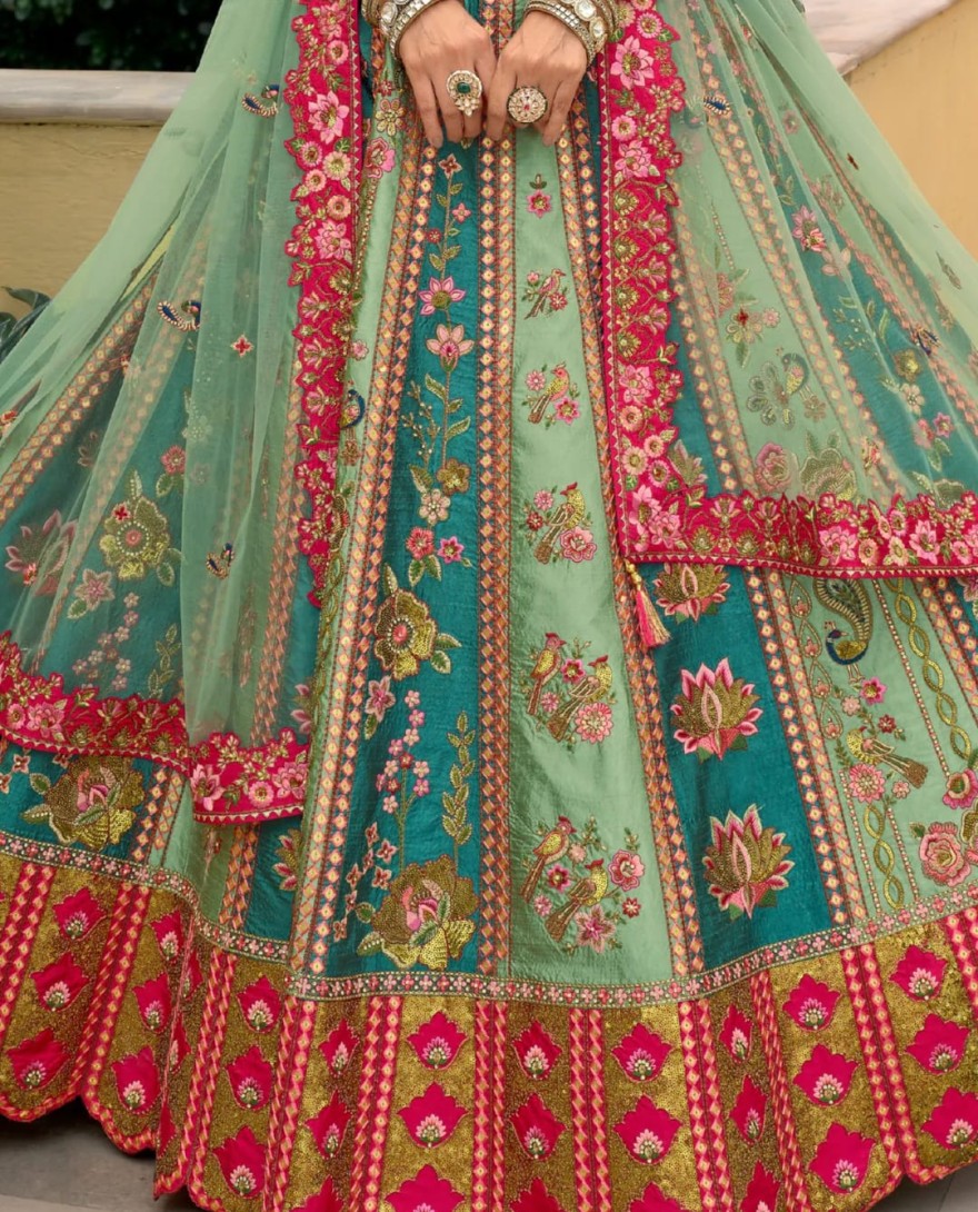 PINK - Teal Green And Pink Silk Lehenga With Cut Work Border And Embroidery
