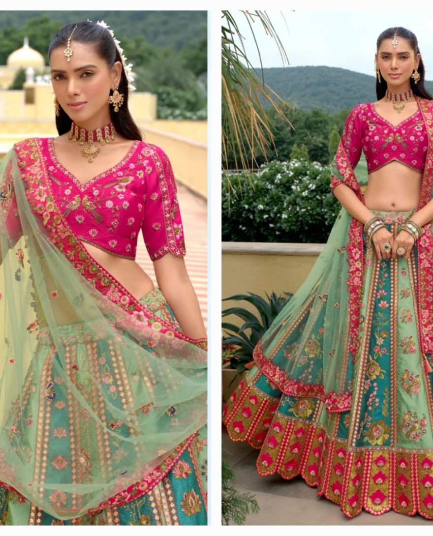 PINK - Teal Green And Pink Silk Lehenga With Cut Work Border And Embroidery