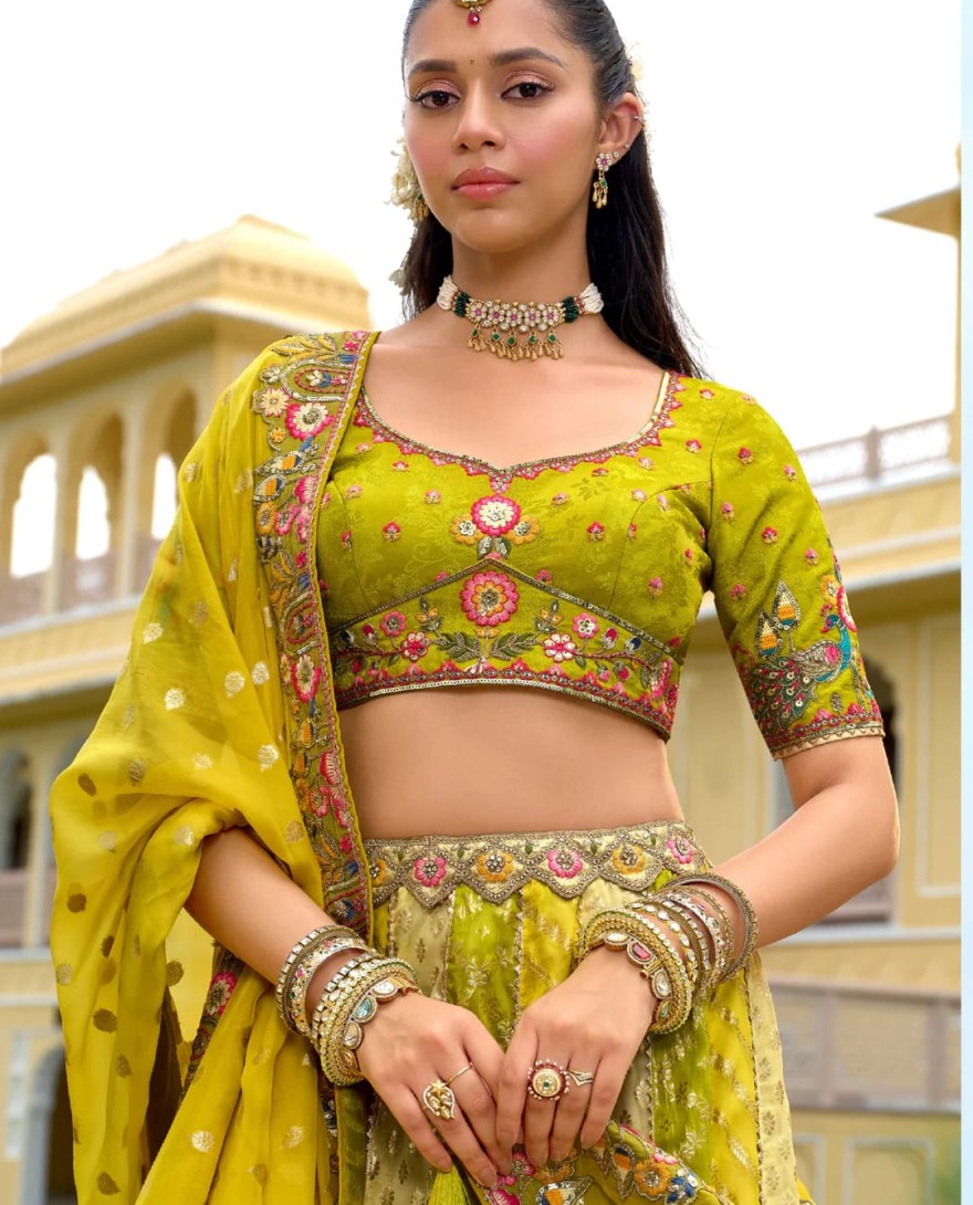 LIMEYELLOW - Lime Yellow And Green Silk Lehenga With Cut Work Border And Embroidery